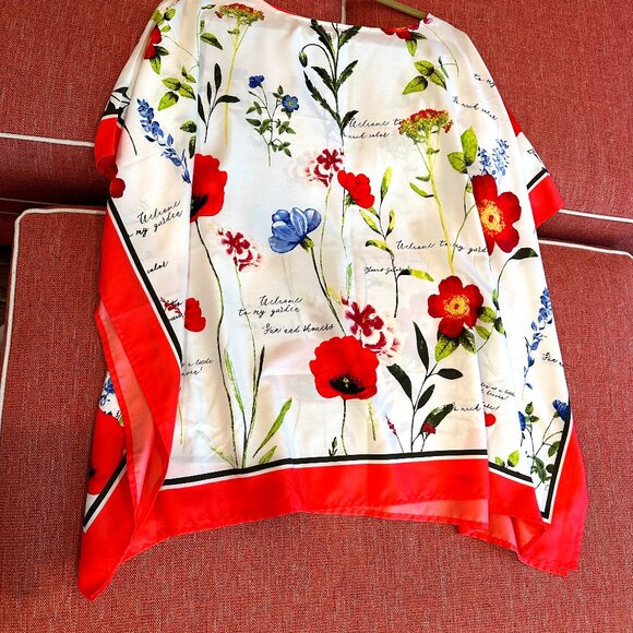 CHICOS WOMENS FLORAL PRINT PONCHO S/M  CORAL GREEN AND WHITE - Picture 4 of 9